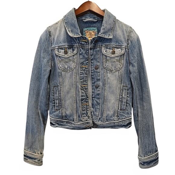 Vtg Abercrombie & Fitch Womens Denim Trucker Jacket Sz M Distressed Y2K Cropped - Picture 1 of 11